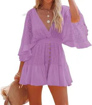 Women's Lace V Neck Mini Dresses Batwing Sleeve Backless Crochet Ruffle Mini Stylish Lace Crochet Short Skirt