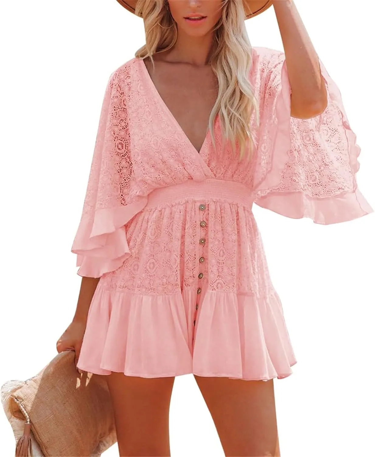 Women's Lace V Neck Mini Dresses Batwing Sleeve Backless Crochet Ruffle Mini Stylish Lace Crochet Short Skirt