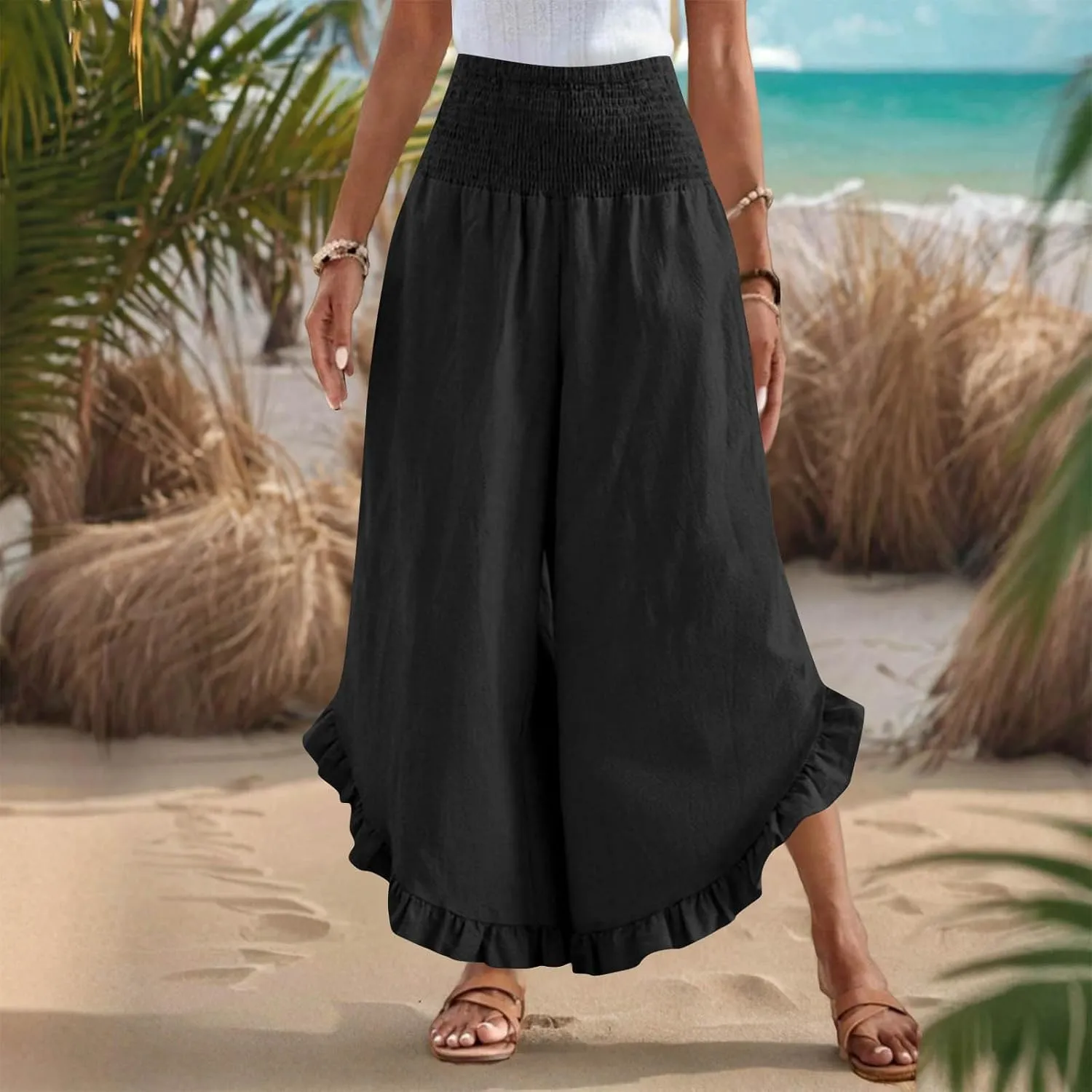 Womens Linen Pants Summer Wide Leg Pants Smocked Waist Ruffle Hem Palazzo Pant Flowy Beach Vacation Clothes with Pocket