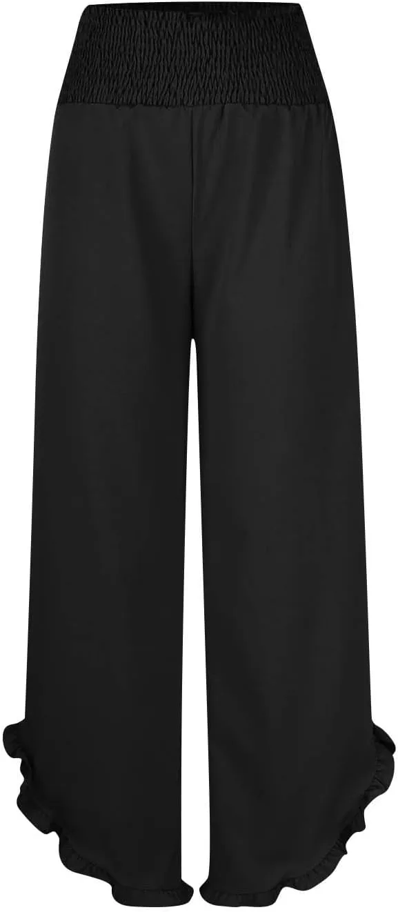 Womens Linen Pants Summer Wide Leg Pants Smocked Waist Ruffle Hem Palazzo Pant Flowy Beach Vacation Clothes with Pocket