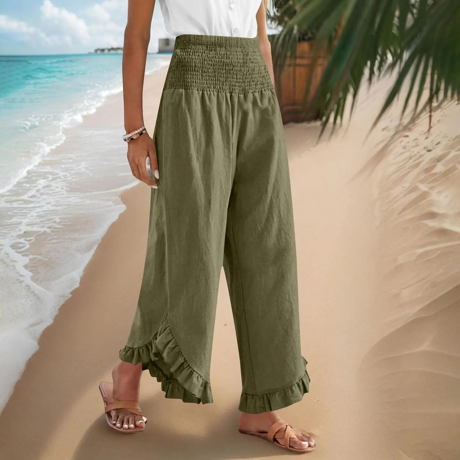 Womens Linen Pants Summer Wide Leg Pants Smocked Waist Ruffle Hem Palazzo Pant Flowy Beach Vacation Clothes with Pocket