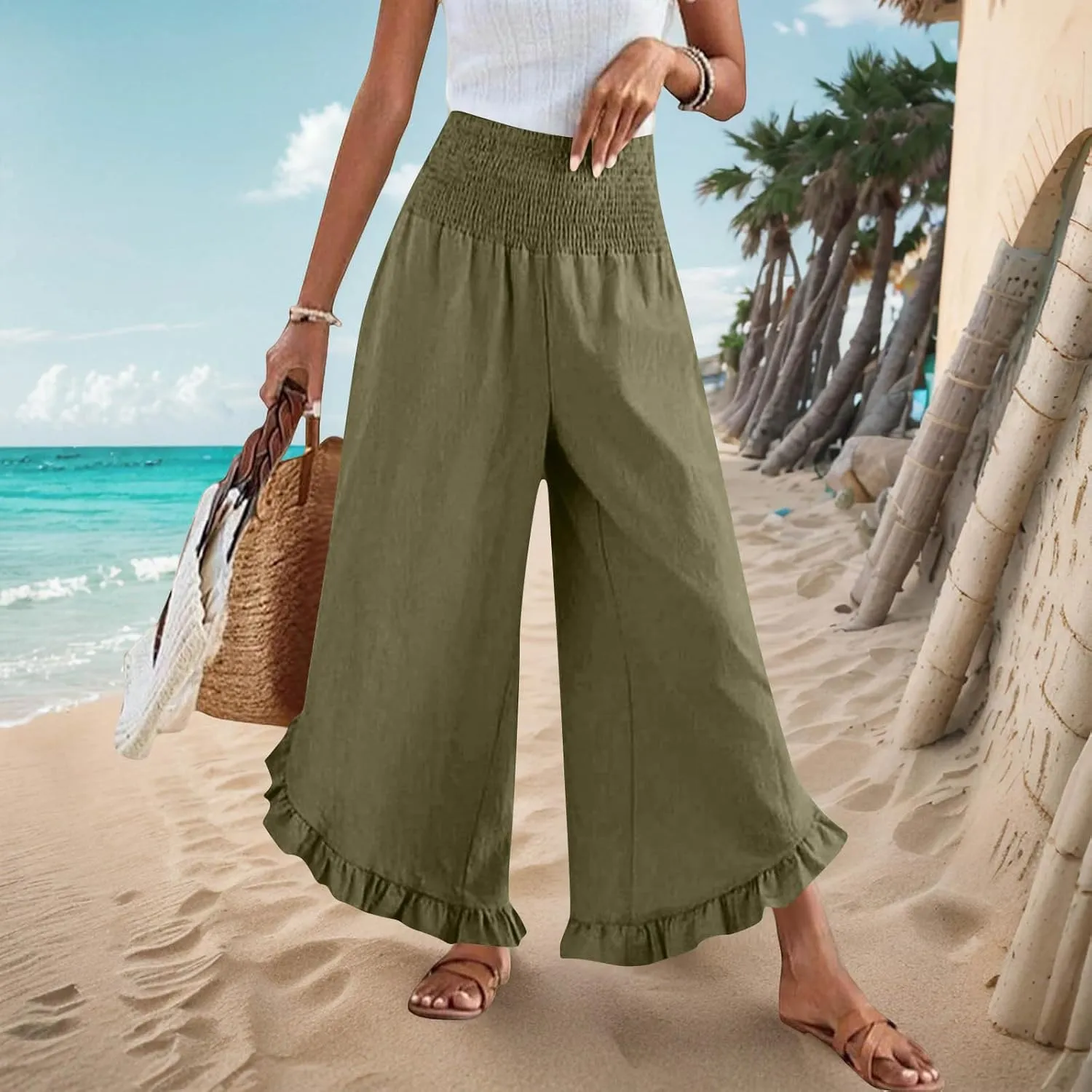 Womens Linen Pants Summer Wide Leg Pants Smocked Waist Ruffle Hem Palazzo Pant Flowy Beach Vacation Clothes with Pocket