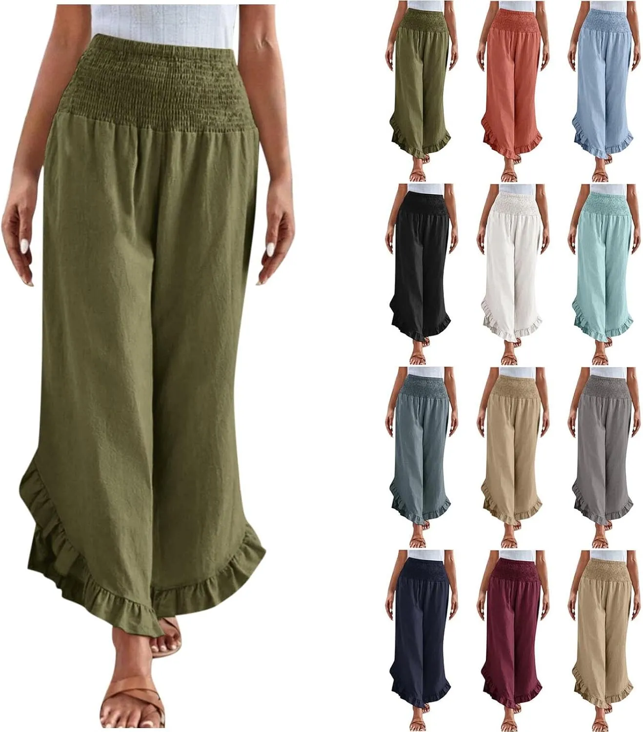 Womens Linen Pants Summer Wide Leg Pants Smocked Waist Ruffle Hem Palazzo Pant Flowy Beach Vacation Clothes with Pocket