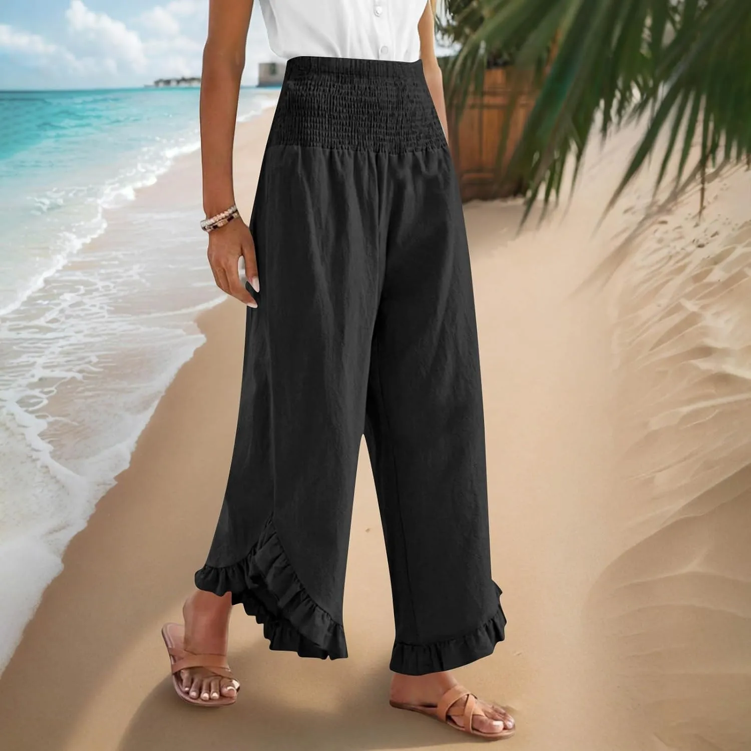 Womens Linen Pants Summer Wide Leg Pants Smocked Waist Ruffle Hem Palazzo Pant Flowy Beach Vacation Clothes with Pocket