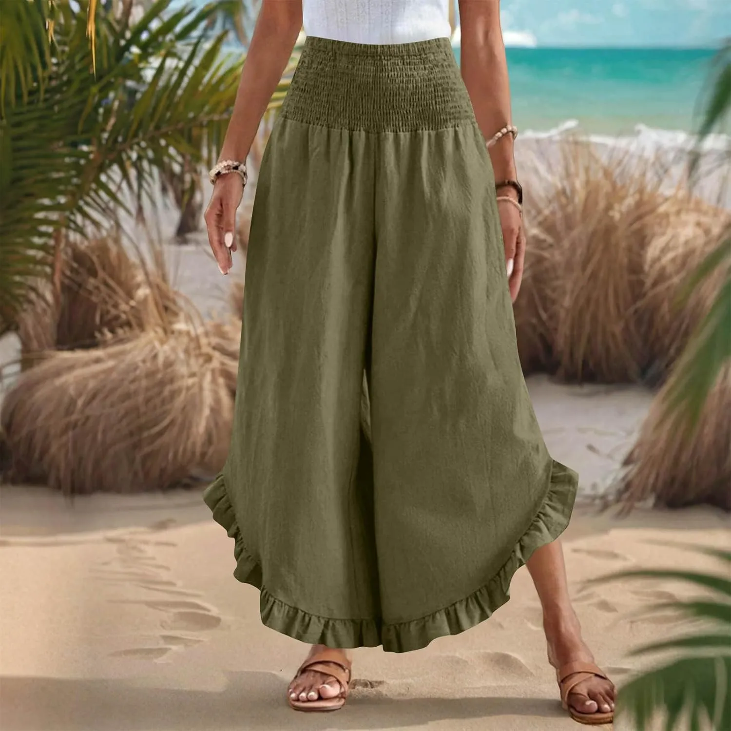 Womens Linen Pants Summer Wide Leg Pants Smocked Waist Ruffle Hem Palazzo Pant Flowy Beach Vacation Clothes with Pocket