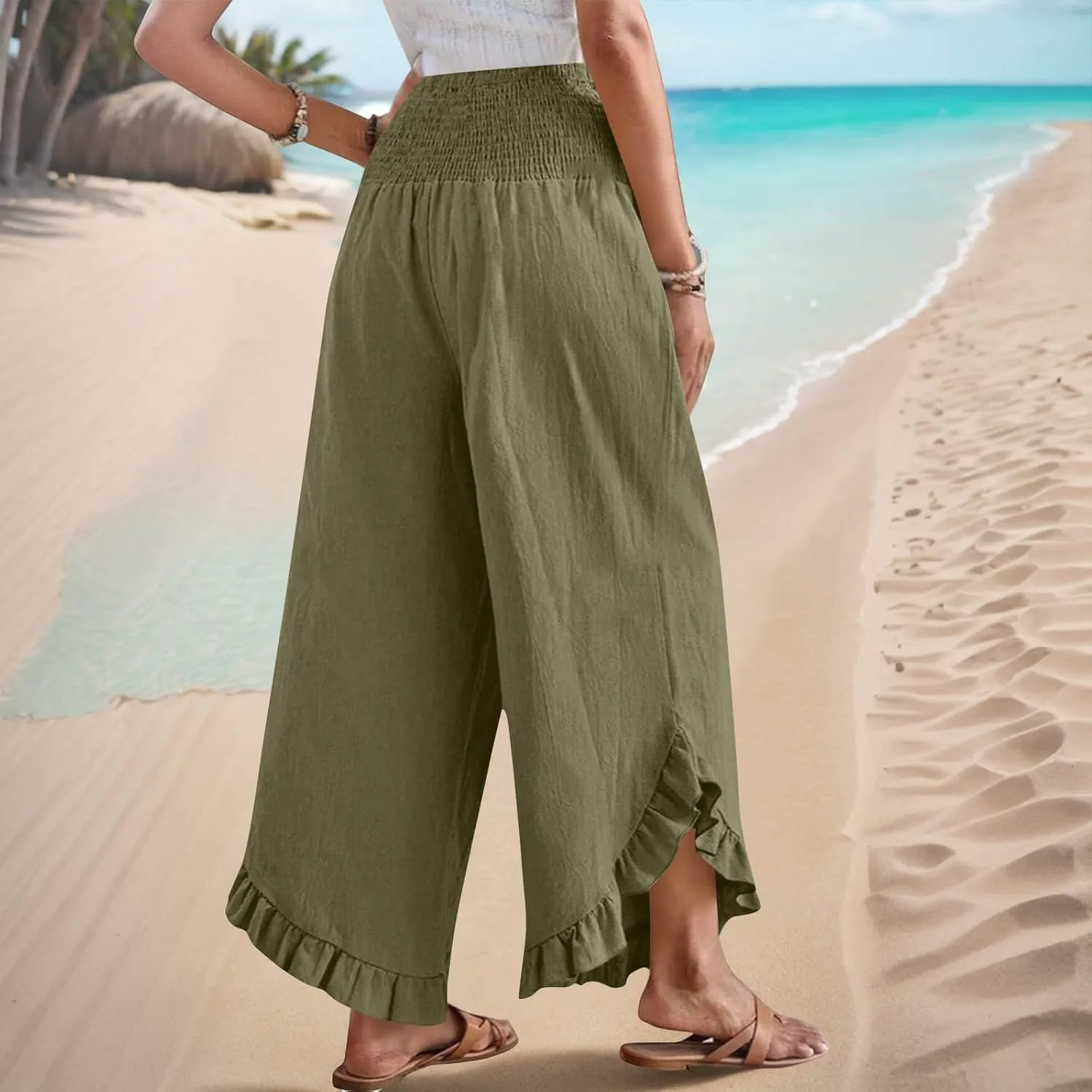Womens Linen Pants Summer Wide Leg Pants Smocked Waist Ruffle Hem Palazzo Pant Flowy Beach Vacation Clothes with Pocket