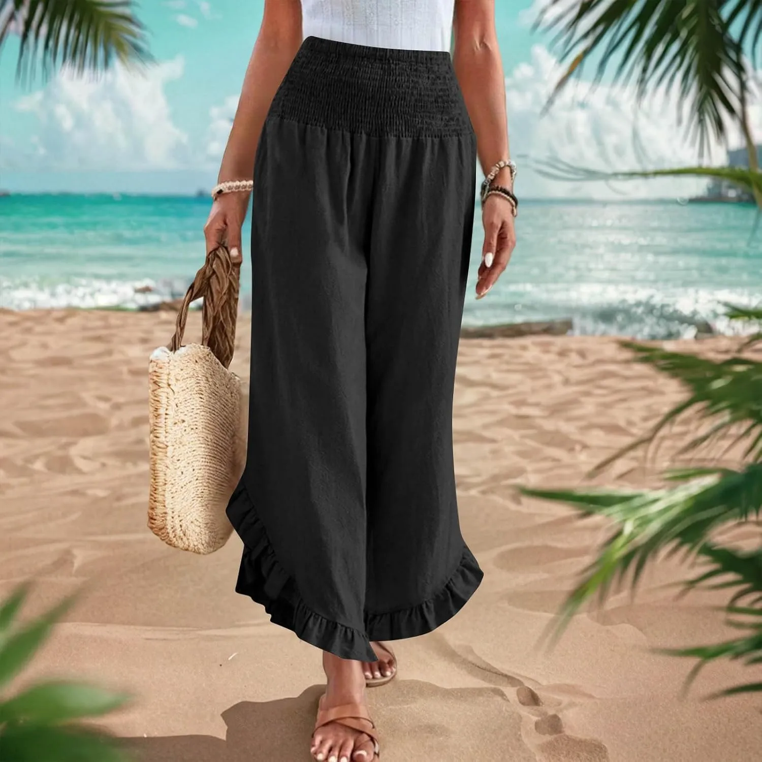 Womens Linen Pants Summer Wide Leg Pants Smocked Waist Ruffle Hem Palazzo Pant Flowy Beach Vacation Clothes with Pocket