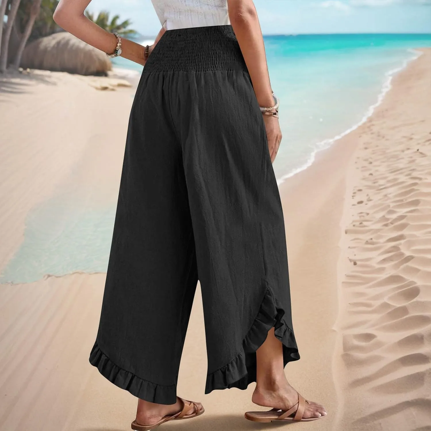 Womens Linen Pants Summer Wide Leg Pants Smocked Waist Ruffle Hem Palazzo Pant Flowy Beach Vacation Clothes with Pocket