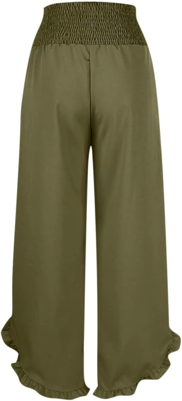 Womens Linen Pants Summer Wide Leg Pants Smocked Waist Ruffle Hem Palazzo Pant Flowy Beach Vacation Clothes with Pocket