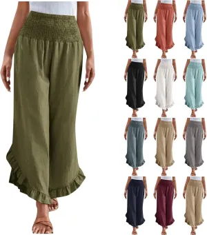 Womens Linen Pants Summer Wide Leg Pants Smocked Waist Ruffle Hem Palazzo Pant Flowy Beach Vacation Clothes with Pocket