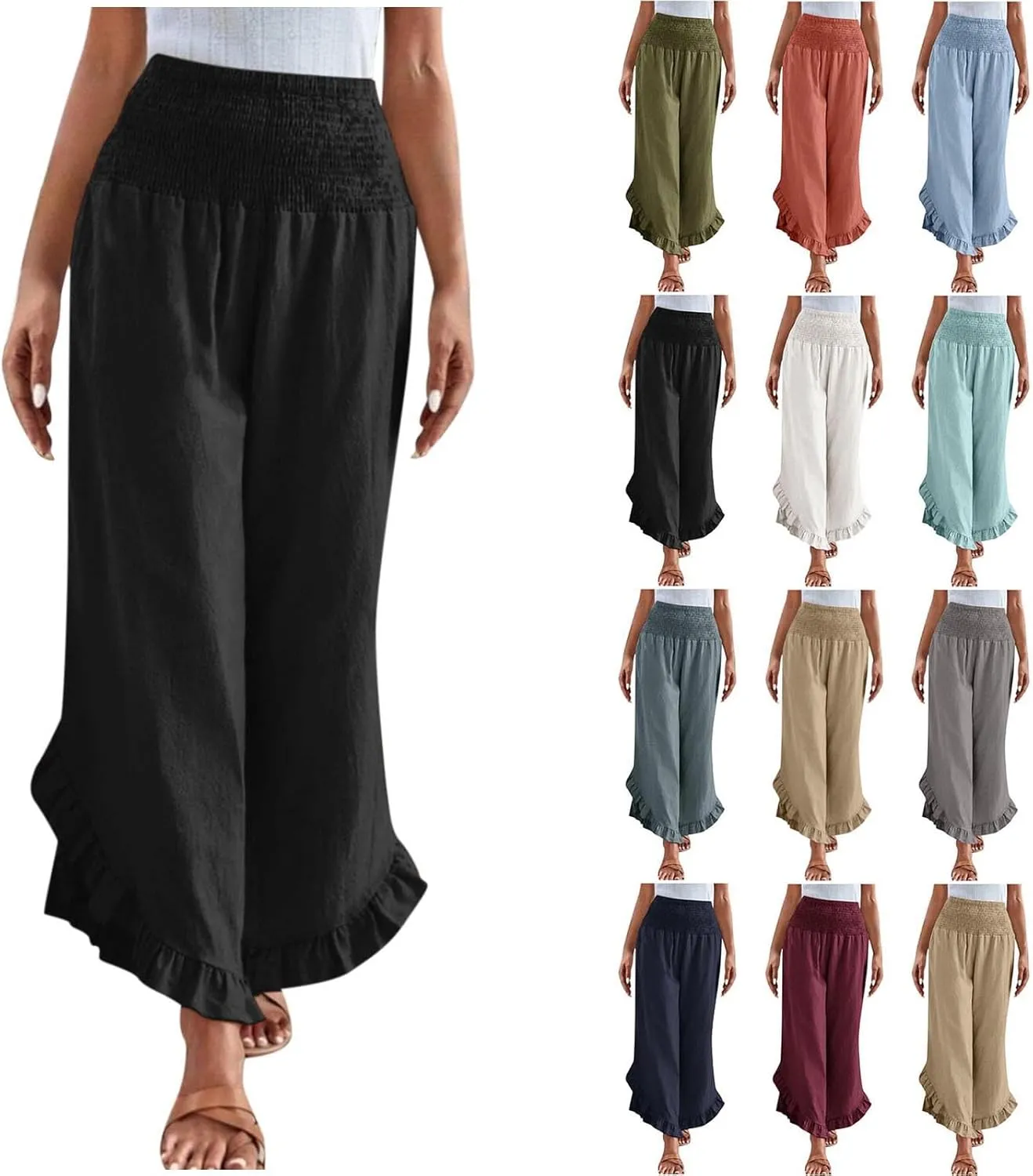 Womens Linen Pants Summer Wide Leg Pants Smocked Waist Ruffle Hem Palazzo Pant Flowy Beach Vacation Clothes with Pocket