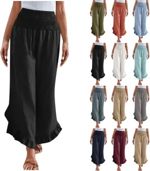 Womens Linen Pants Summer Wide Leg Pants Smocked Waist Ruffle Hem Palazzo Pant Flowy Beach Vacation Clothes with Pocket