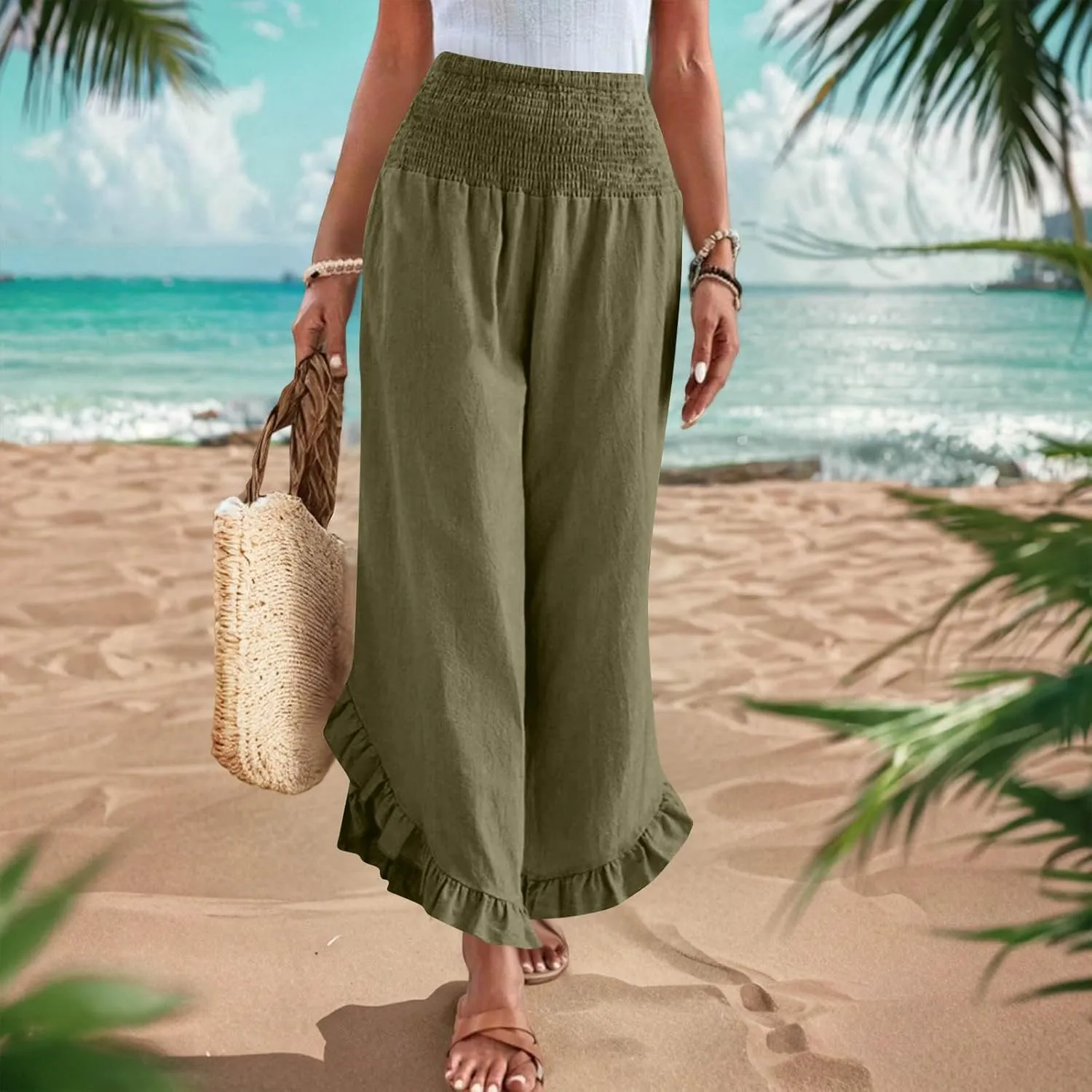 Womens Linen Pants Summer Wide Leg Pants Smocked Waist Ruffle Hem Palazzo Pant Flowy Beach Vacation Clothes with Pocket