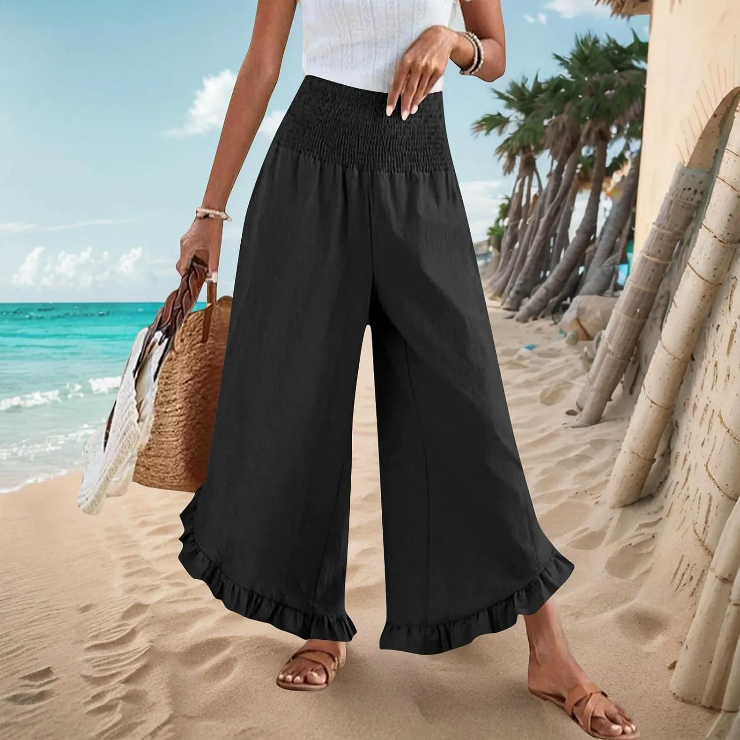 Womens Linen Pants Summer Wide Leg Pants Smocked Waist Ruffle Hem Palazzo Pant Flowy Beach Vacation Clothes with Pocket