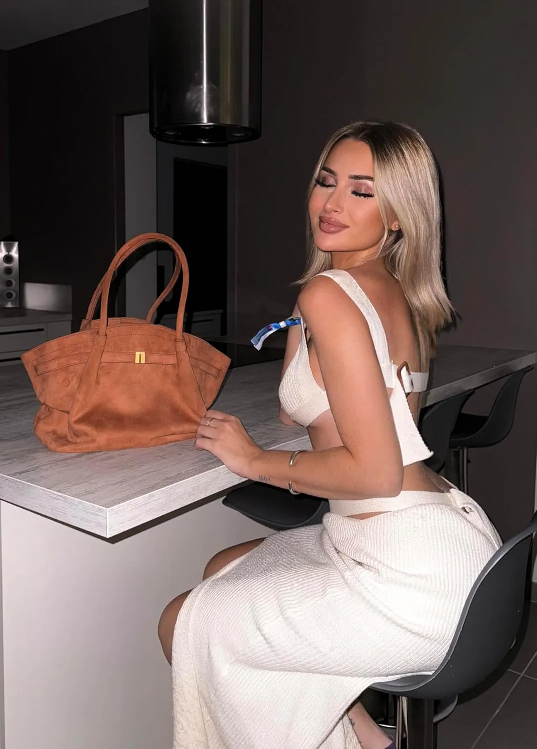 Women's Medium Faux Suede Tote Bag - Stylish Dark Handbag for Everyday Use