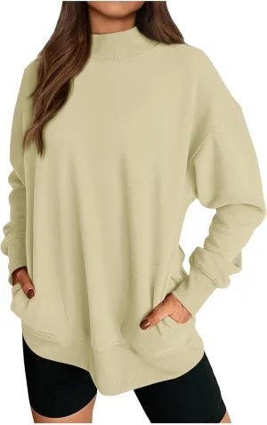 Womens Oversized Sweatshirt Solid Color Mock Neck Long Sleeve Loose Pullover Tops Fall Y2K Hoodies with Pockets
