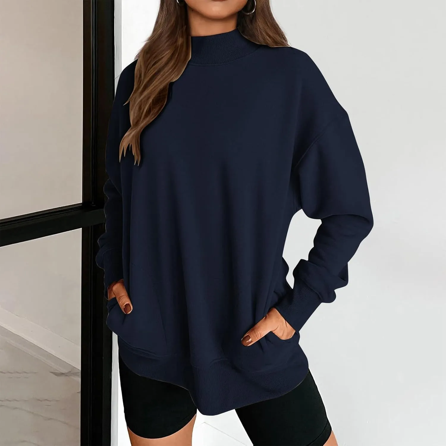 Womens Oversized Sweatshirt Solid Color Mock Neck Long Sleeve Loose Pullover Tops Fall Y2K Hoodies with Pockets