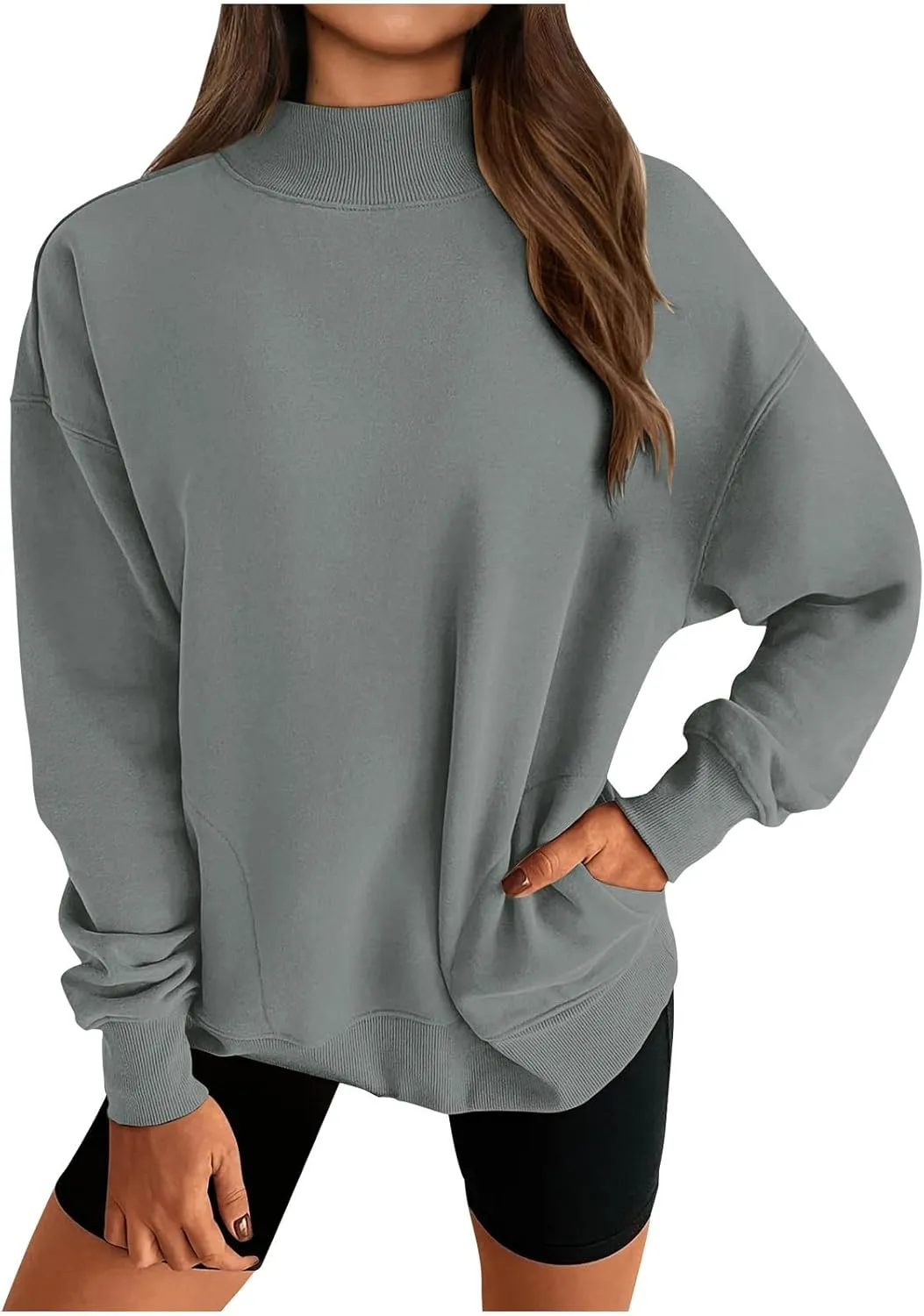 Womens Oversized Sweatshirt Solid Color Mock Neck Long Sleeve Loose Pullover Tops Fall Y2K Hoodies with Pockets