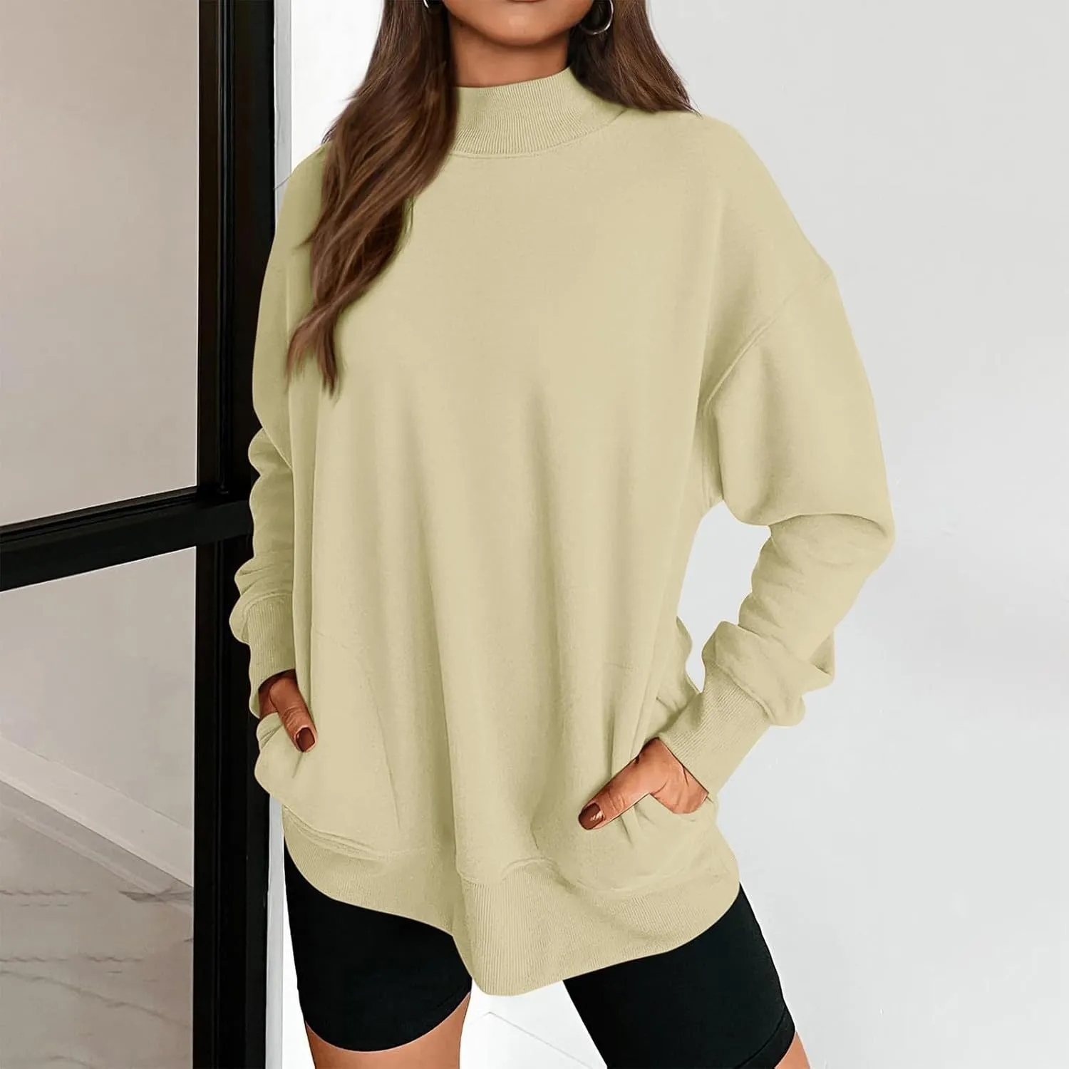 Womens Oversized Sweatshirt Solid Color Mock Neck Long Sleeve Loose Pullover Tops Fall Y2K Hoodies with Pockets
