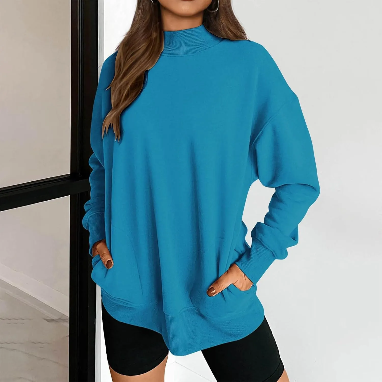 Womens Oversized Sweatshirt Solid Color Mock Neck Long Sleeve Loose Pullover Tops Fall Y2K Hoodies with Pockets
