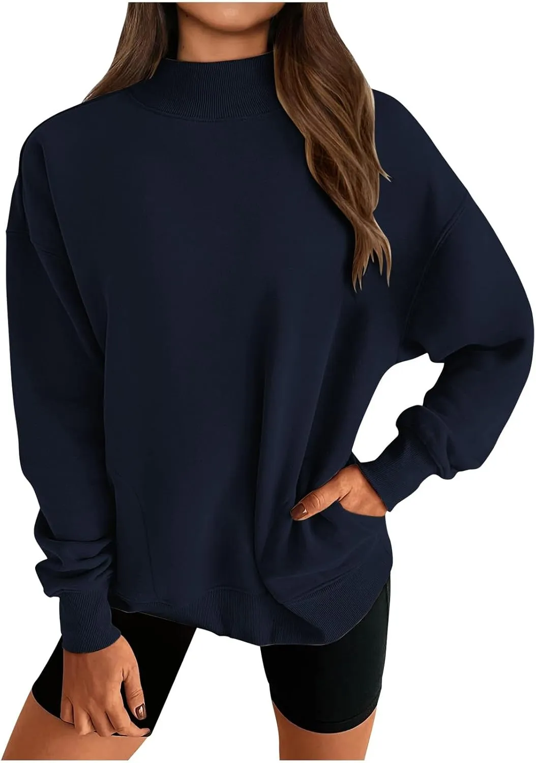 Womens Oversized Sweatshirt Solid Color Mock Neck Long Sleeve Loose Pullover Tops Fall Y2K Hoodies with Pockets