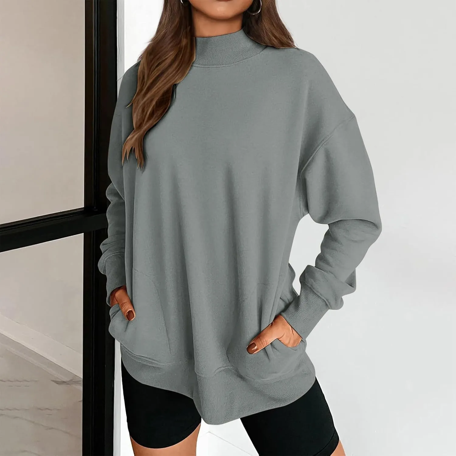 Womens Oversized Sweatshirt Solid Color Mock Neck Long Sleeve Loose Pullover Tops Fall Y2K Hoodies with Pockets