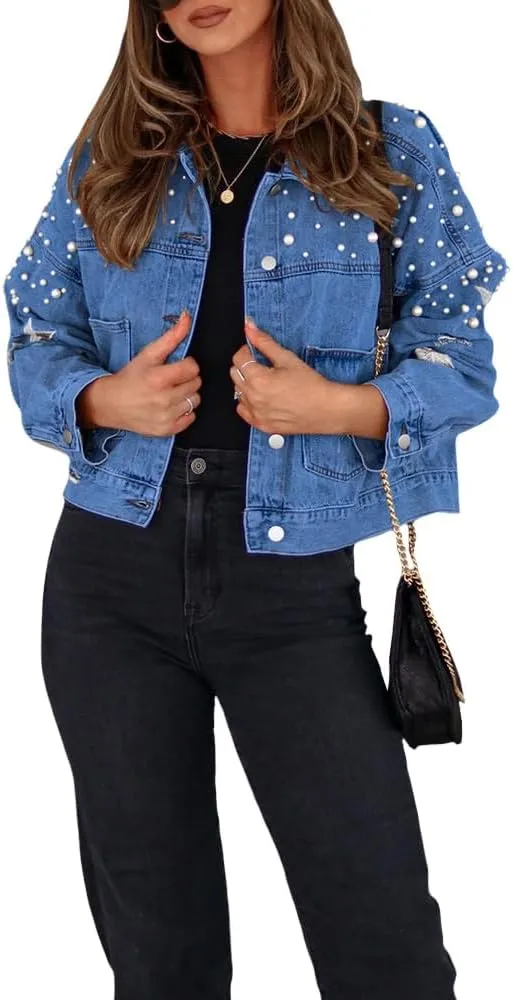 Womens Pearls Beading Embroidered Cropped Jean Jacket Oversized Lapel Long Sleeve Cowgirl Jacket with Pocket