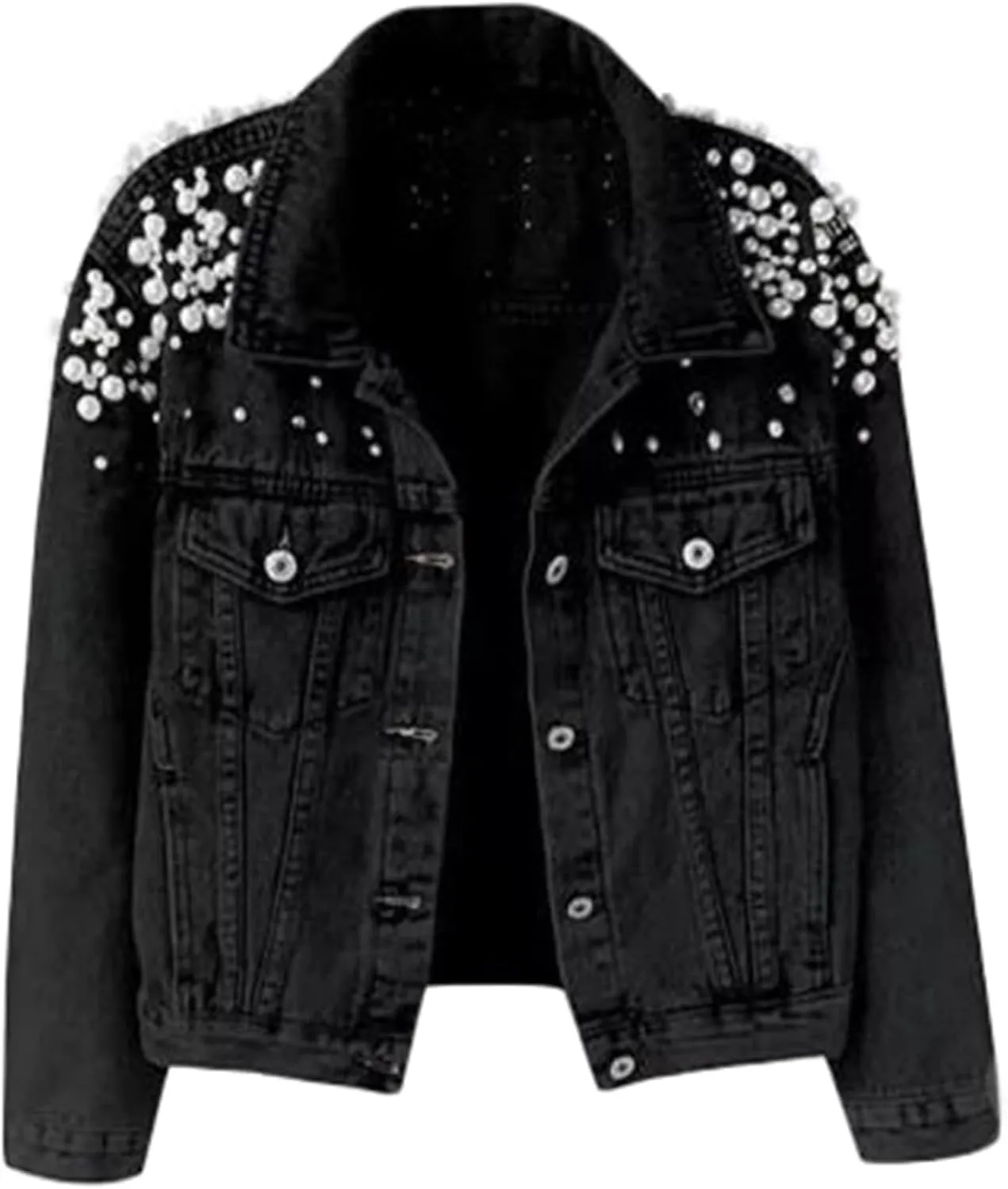 Womens Pearls Beading Embroidered Cropped Jean Jacket Oversized Lapel Long Sleeve Cowgirl Jacket with Pocket