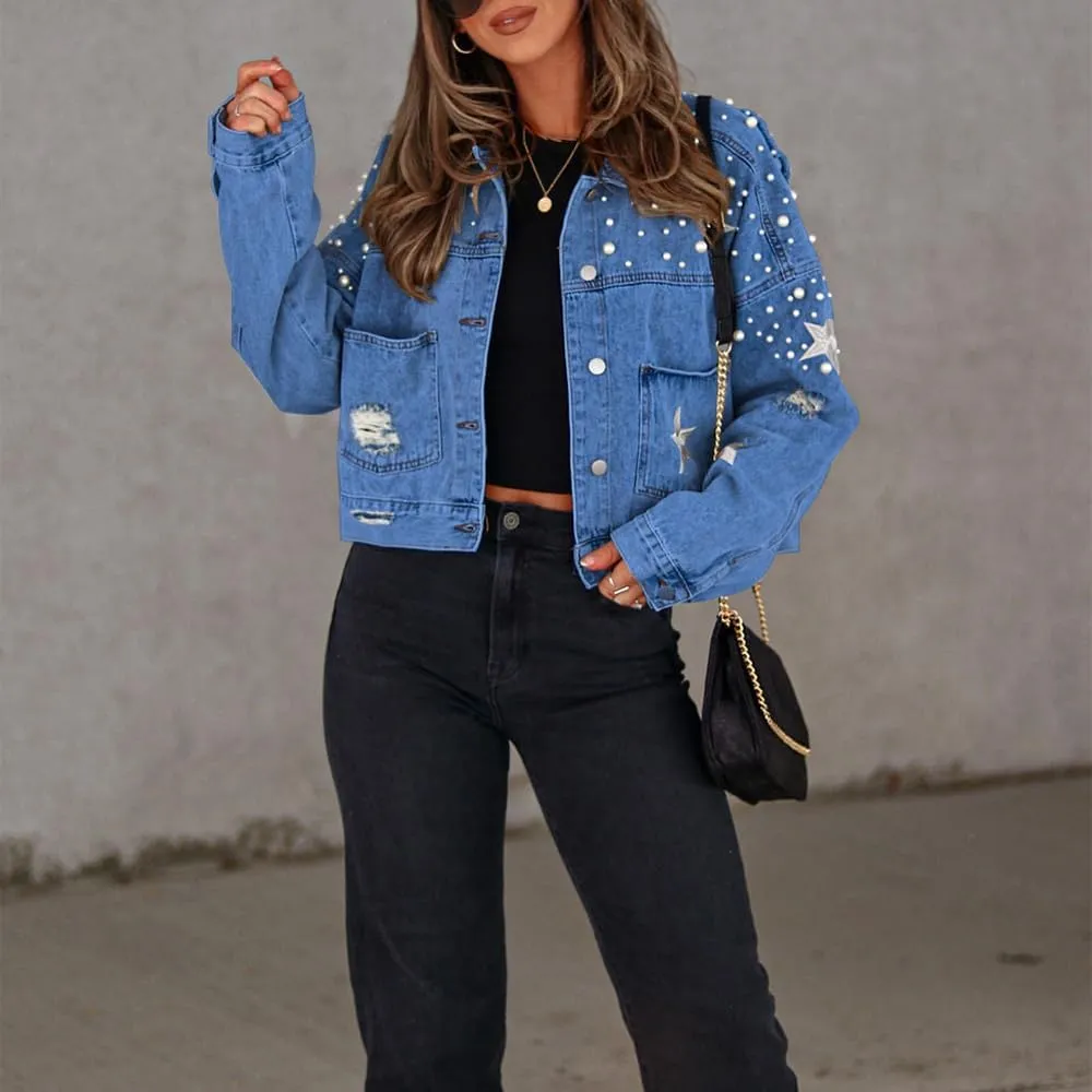 Womens Pearls Beading Embroidered Cropped Jean Jacket Oversized Lapel Long Sleeve Cowgirl Jacket with Pocket