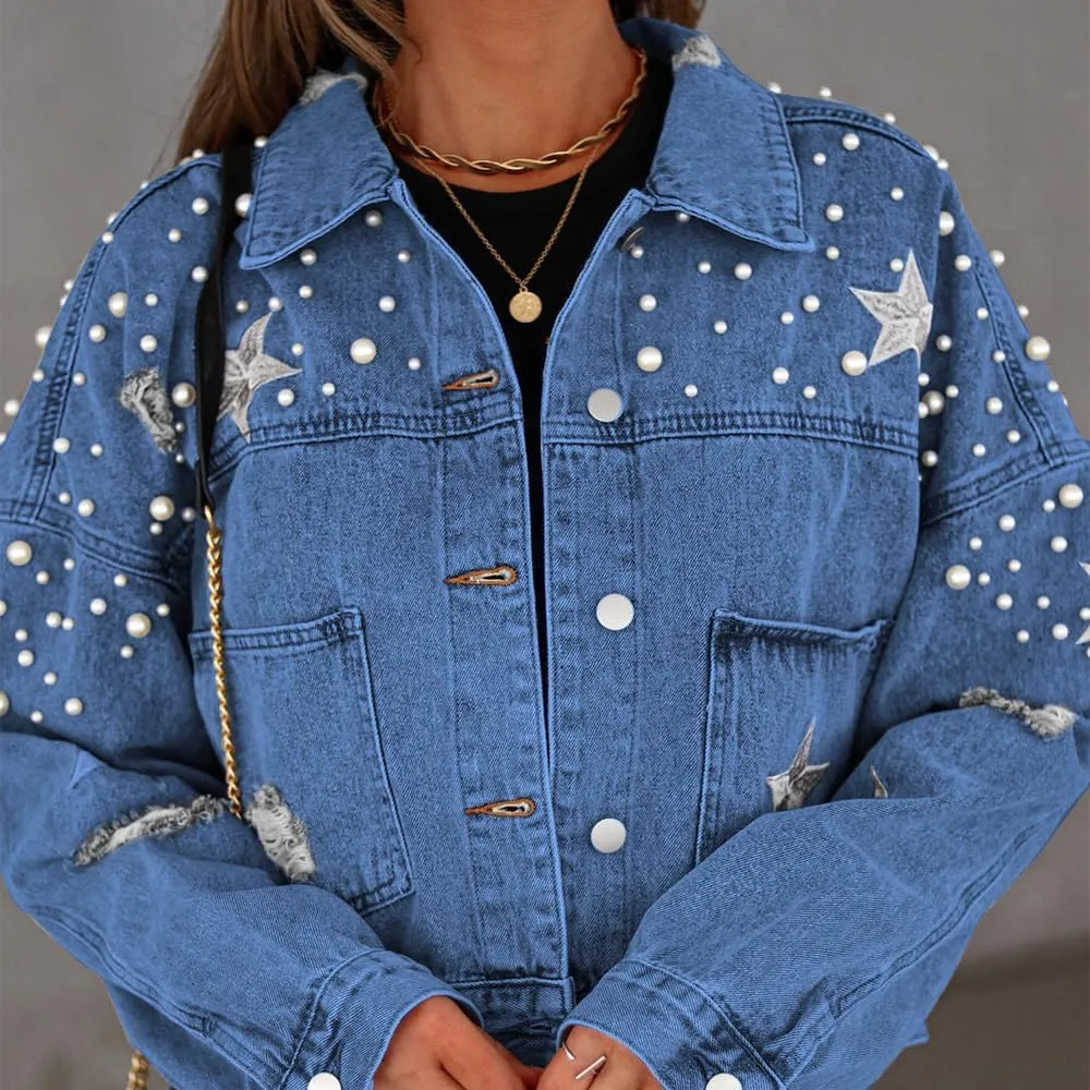 Womens Pearls Beading Embroidered Cropped Jean Jacket Oversized Lapel Long Sleeve Cowgirl Jacket with Pocket