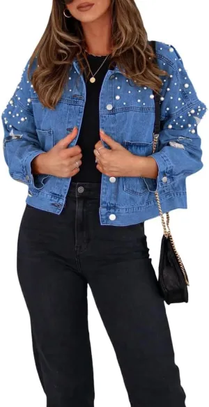 Womens Pearls Beading Embroidered Cropped Jean Jacket Oversized Lapel Long Sleeve Cowgirl Jacket with Pocket
