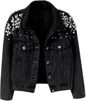 Womens Pearls Beading Embroidered Cropped Jean Jacket Oversized Lapel Long Sleeve Cowgirl Jacket with Pocket