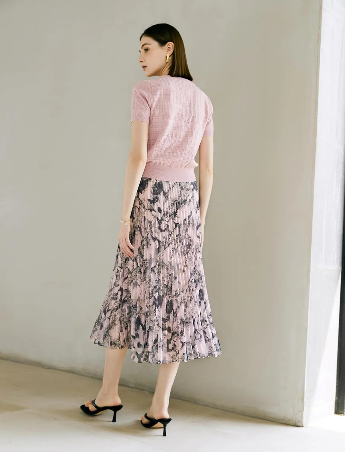Women's Printed Pleated Midi Skirt - Stylish Office Work Skirt with Sun Pleats, Zipper Closure