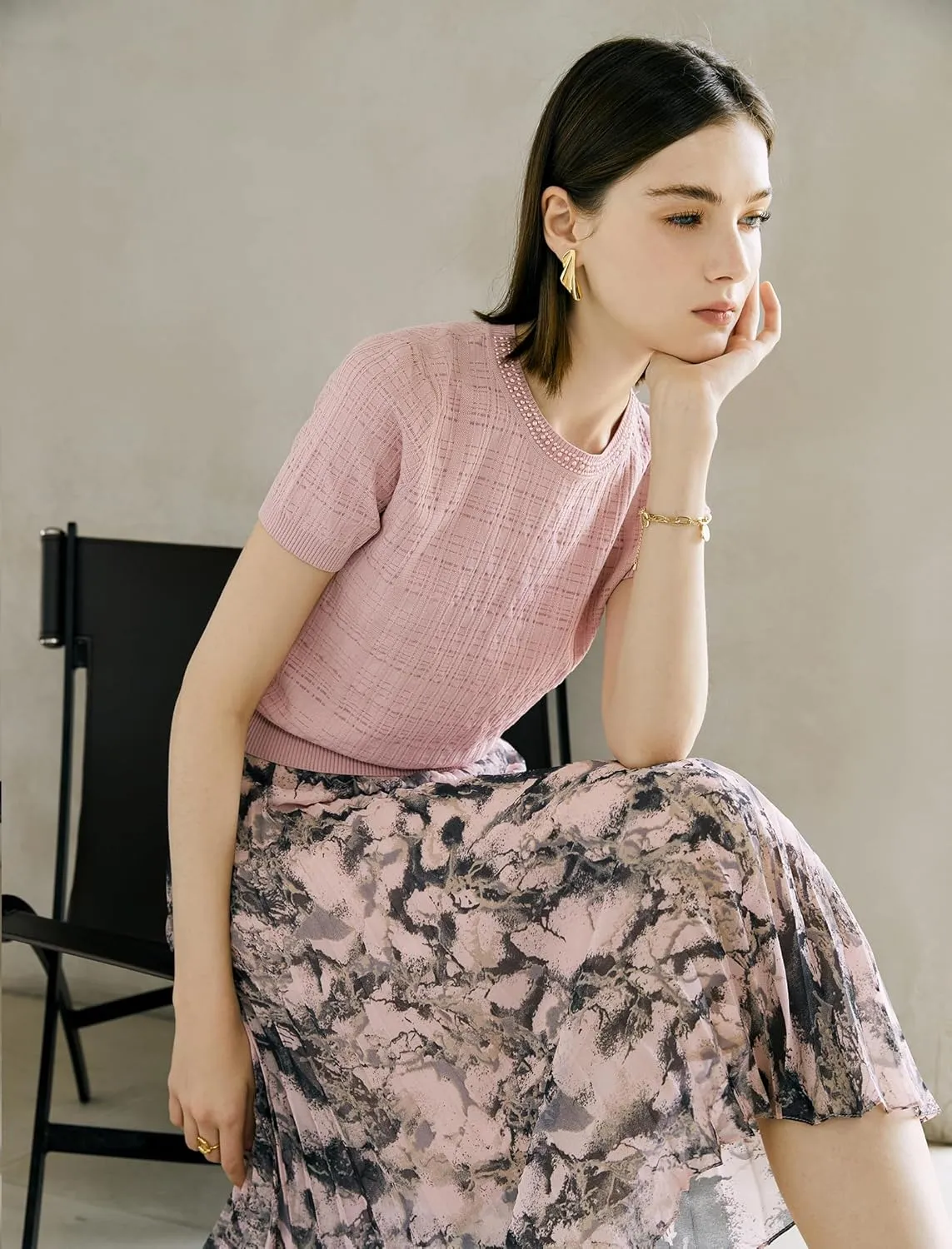 Women's Printed Pleated Midi Skirt - Stylish Office Work Skirt with Sun Pleats, Zipper Closure