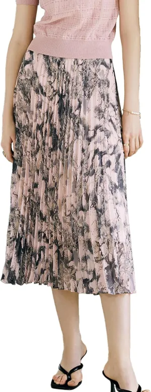 Women's Printed Pleated Midi Skirt - Stylish Office Work Skirt with Sun Pleats, Zipper Closure