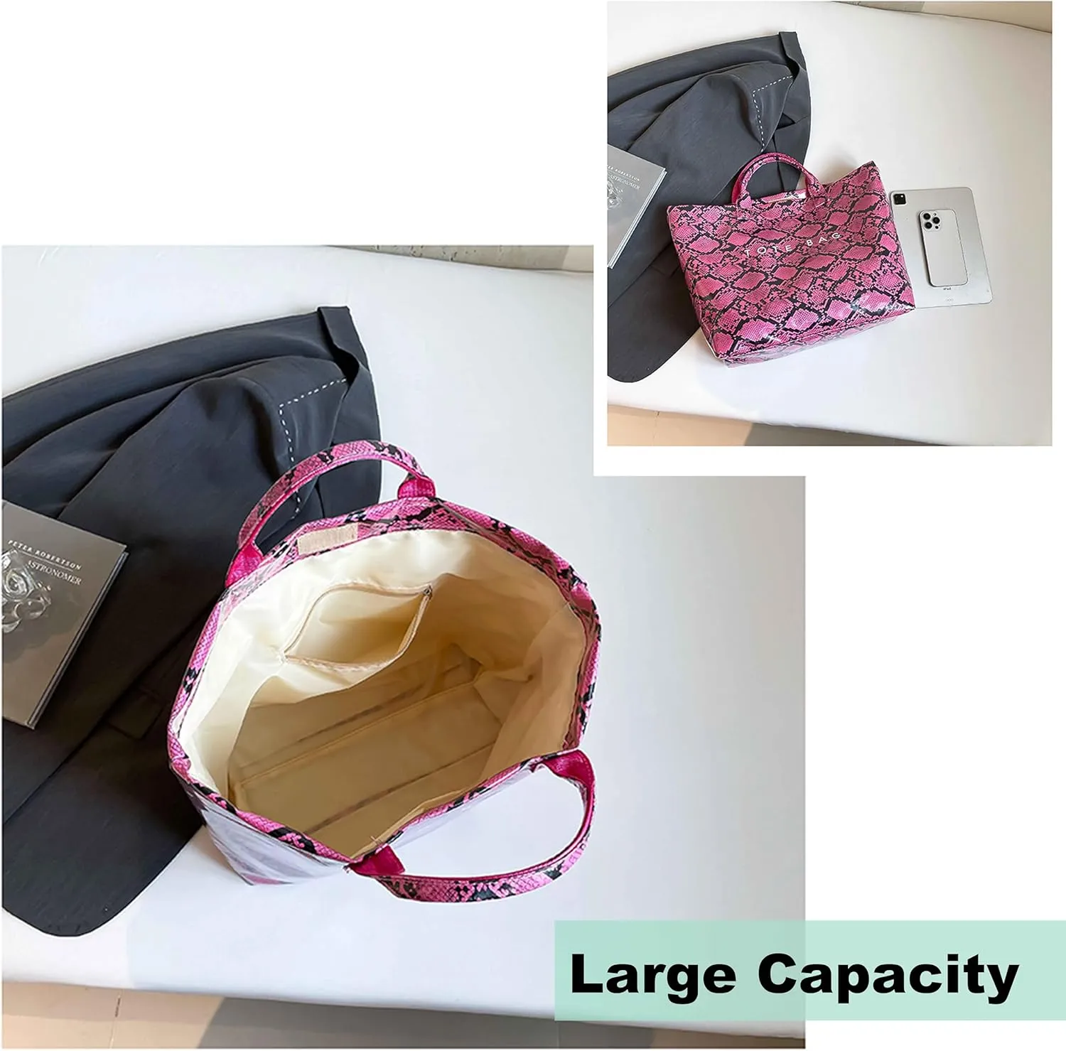 Womens PVC Tote Bag Large Kraft Paper Clear Plastic Tote Bag Top Handle Clear Hobo Handbag hot pink tote bag