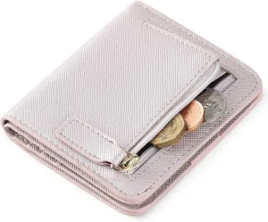 Womens Rfid Blocking Small Compact Bifold Luxury Genuine Leather Pocket Wallet Ladies Mini Purse with ID Window (Silver)