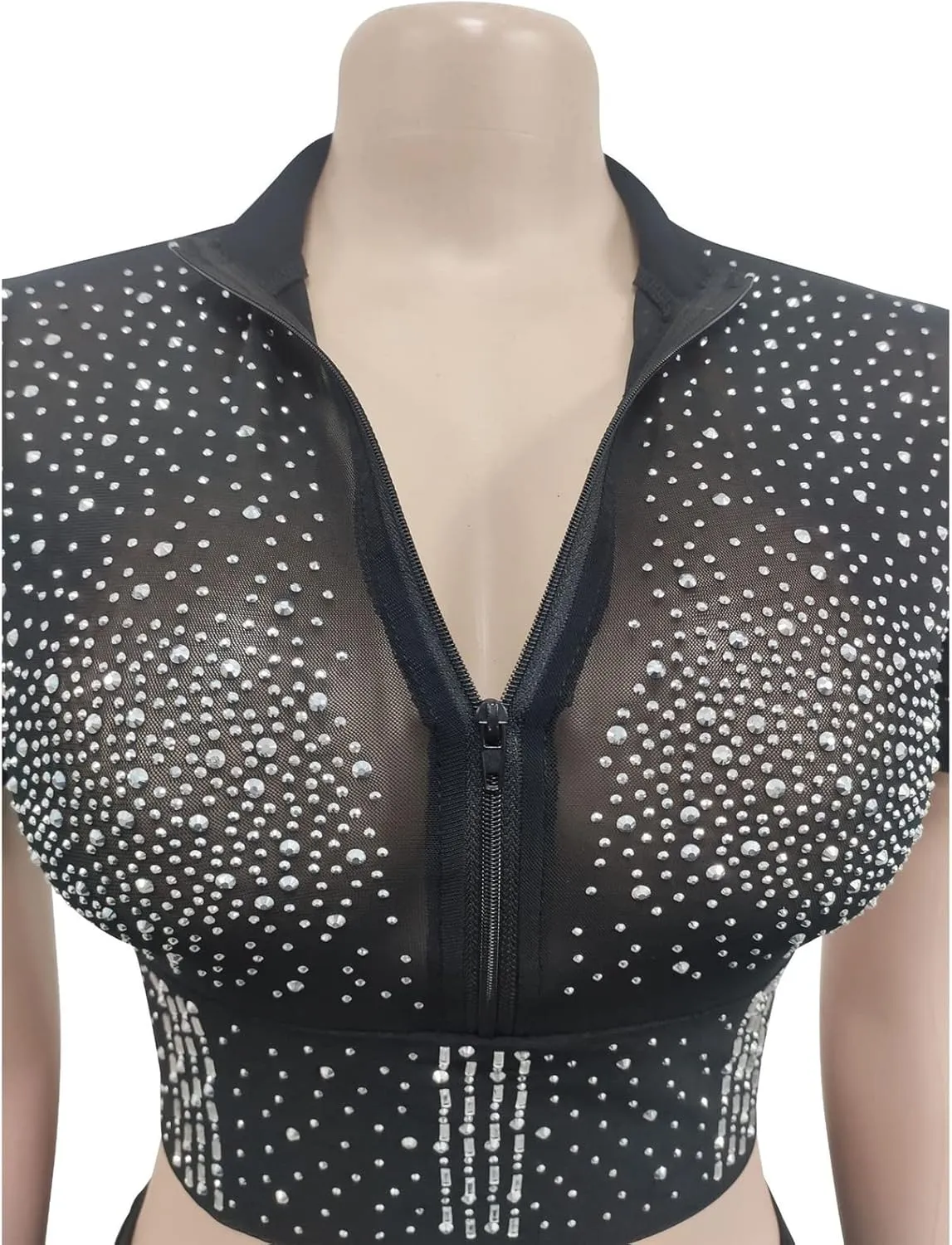 Womens Sexy 2 Pieces Mesh Rhinestone Crop Tops Shirts Bodycon Pants Party Clubwear Tracksuit Outfits Set
