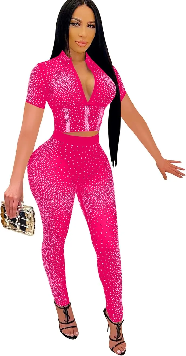 Womens Sexy 2 Pieces Mesh Rhinestone Crop Tops Shirts Bodycon Pants Party Clubwear Tracksuit Outfits Set