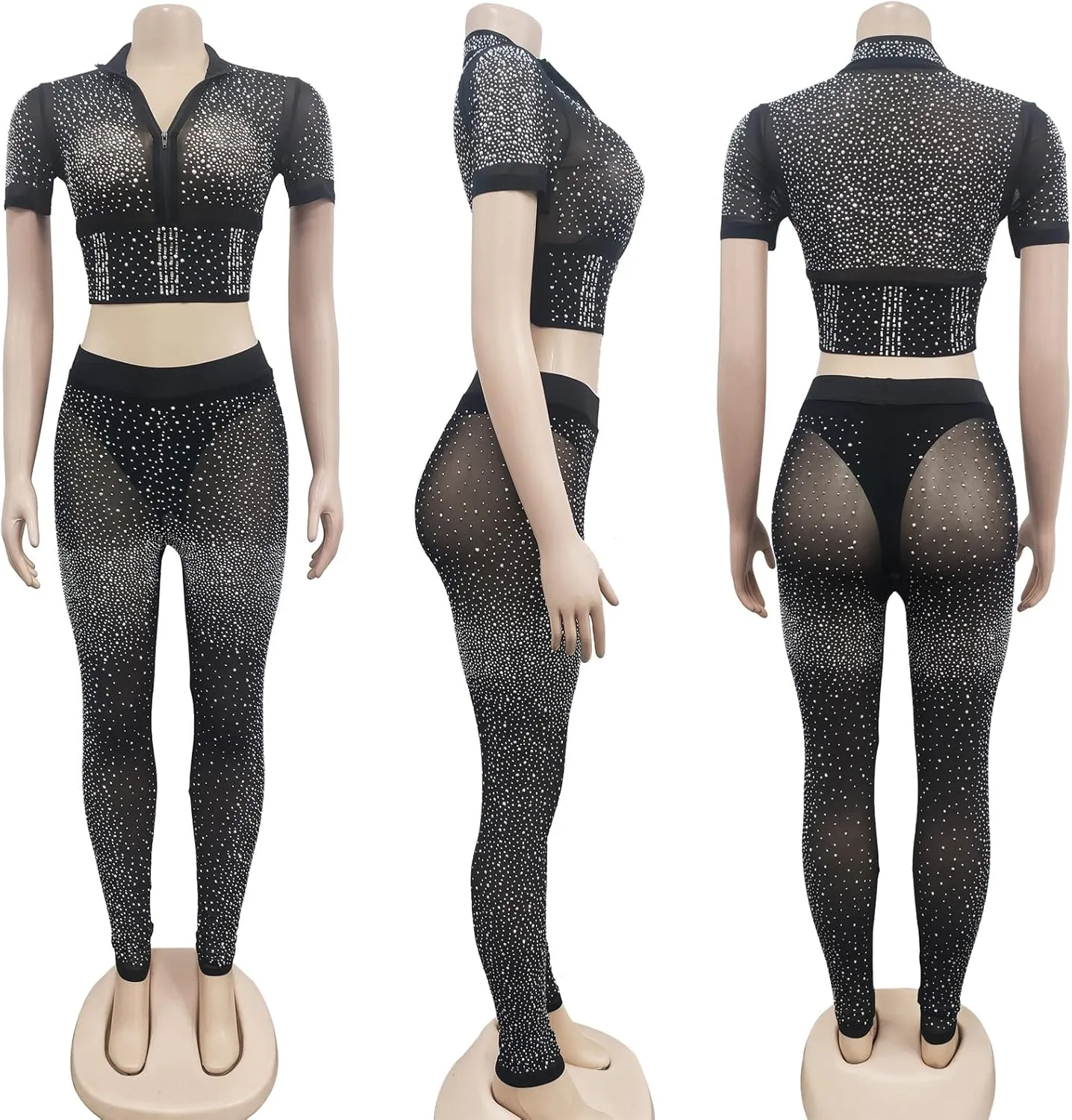 Womens Sexy 2 Pieces Mesh Rhinestone Crop Tops Shirts Bodycon Pants Party Clubwear Tracksuit Outfits Set