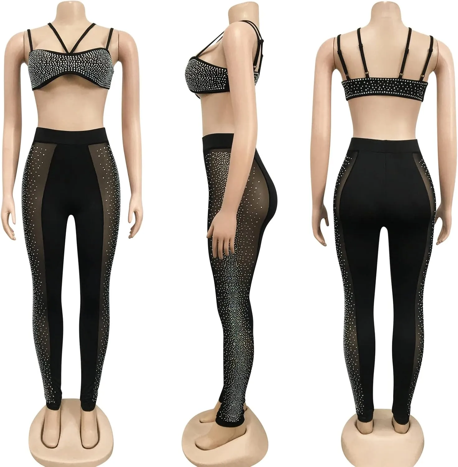 Womens Sexy 2 Pieces Mesh Rhinestone Crop Tops Shirts Bodycon Pants Party Clubwear Tracksuit Outfits Set