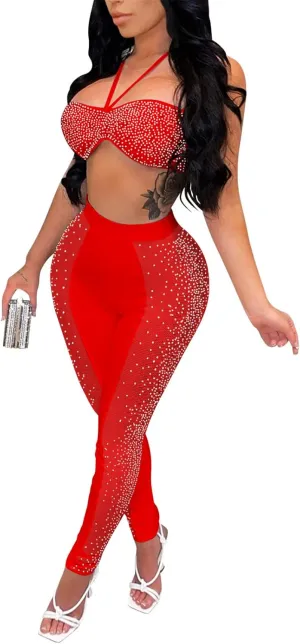 Womens Sexy 2 Pieces Mesh Rhinestone Crop Tops Shirts Bodycon Pants Party Clubwear Tracksuit Outfits Set