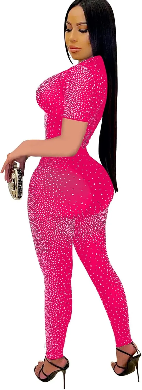 Womens Sexy 2 Pieces Mesh Rhinestone Crop Tops Shirts Bodycon Pants Party Clubwear Tracksuit Outfits Set