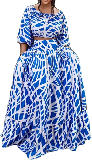 Womens Sexy 2 Pieces Printed Plus Size Crop Tops Shirts Bodycon Maxi Skirts Party Clubwear Dress Outfits Oversize Set