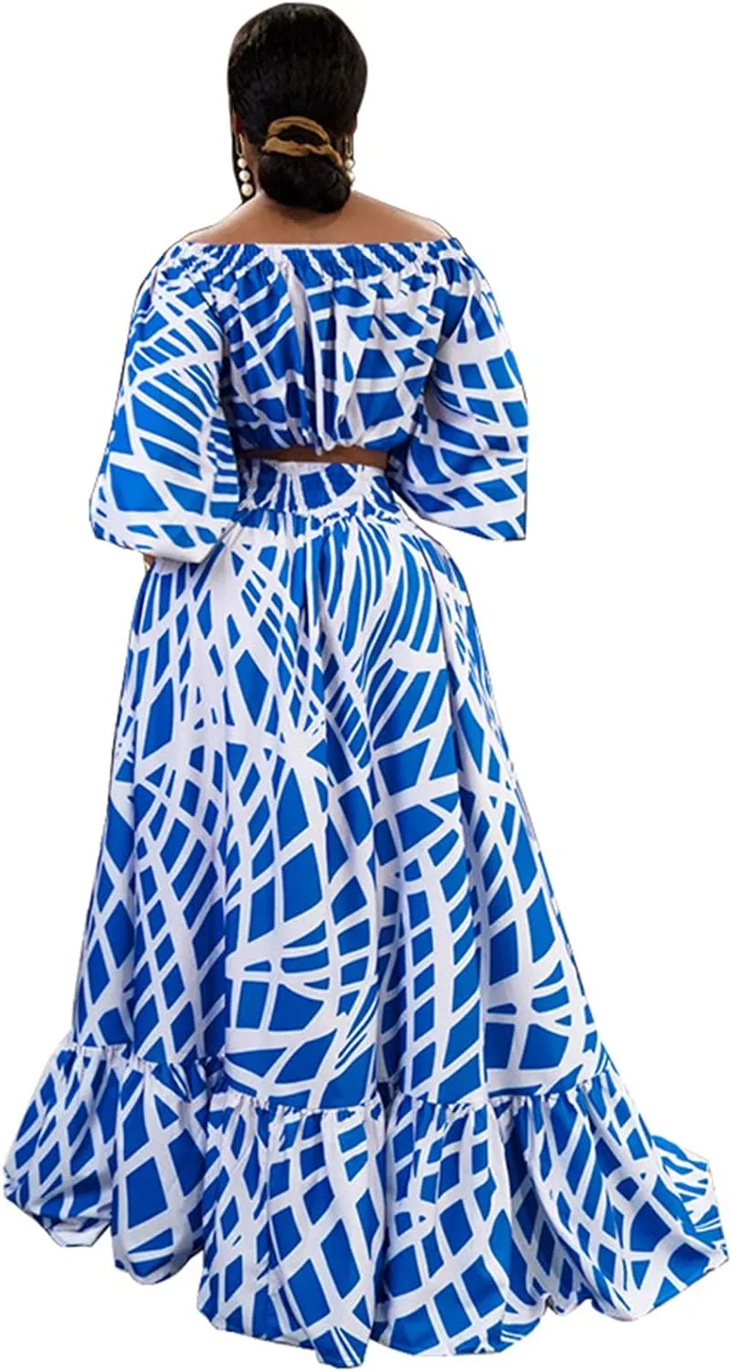 Womens Sexy 2 Pieces Printed Plus Size Crop Tops Shirts Bodycon Maxi Skirts Party Clubwear Dress Outfits Oversize Set