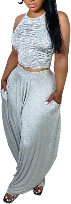 Womens Sexy 2 Pieces Ruffles Tank Tops Shirts Bodycon Harem Pants Party Clubwear Tracksuit Outfits Set