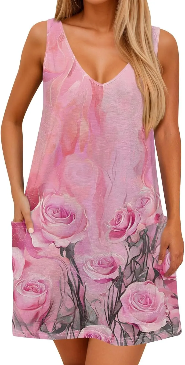 Women's Sleeveless Floral Dress Summer Casual Loose Fit V-Neck Summer for Beach, Party, or Daily Wear