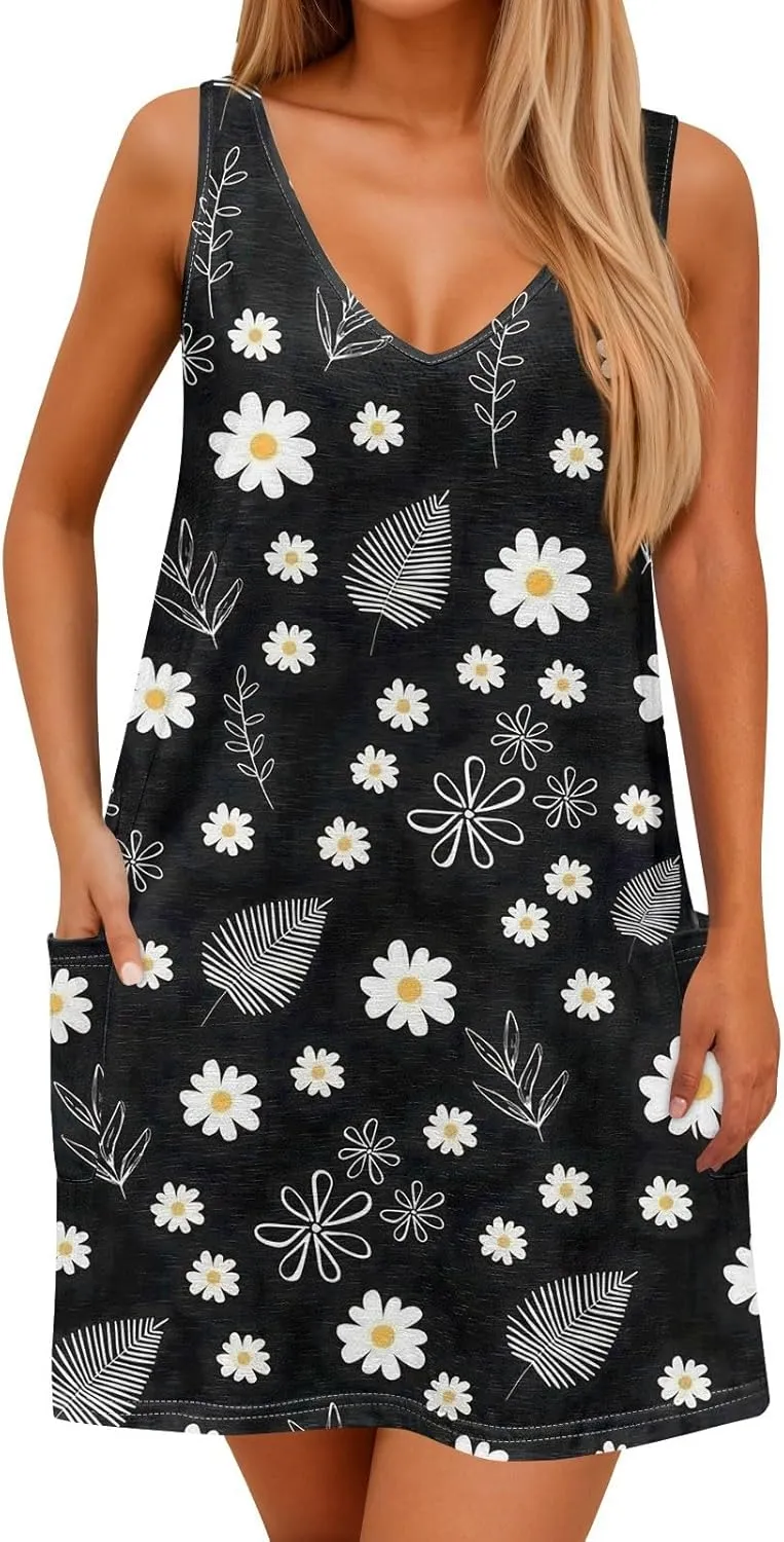 Women's Sleeveless Floral Print Summer Dress Casual Loose Fit Summer with Design for Beach and Daily Wear