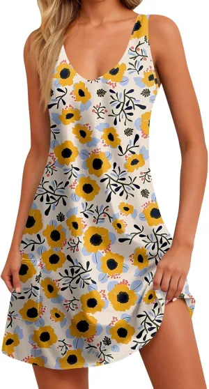 Women's Sleeveless Sunflower Print Summer Dress Casual V-Neck A-Line Summer for Beach and Daily Wear