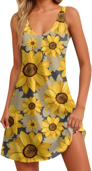 Women's Sleeveless Sunflower Print Summer Dress Casual V-Neck A-Line Summer for Beach and Daily Wear